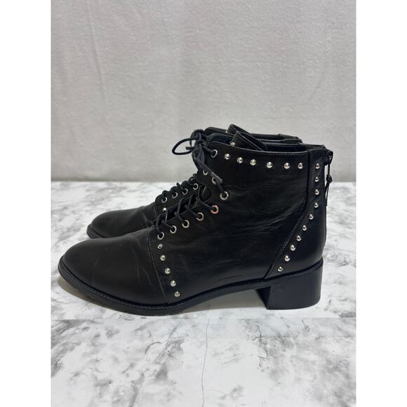 Stuart Weitzman Lashease Blk Leather Studded Ankle Boots 8.5 Lace Up Moto Grunge - Picture 6 of 11
